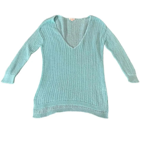 J. Jill Aqua Long Sleeve V-Neck Open Knit Pullover Sweater -‎ Women's Small - Picture 1 of 6